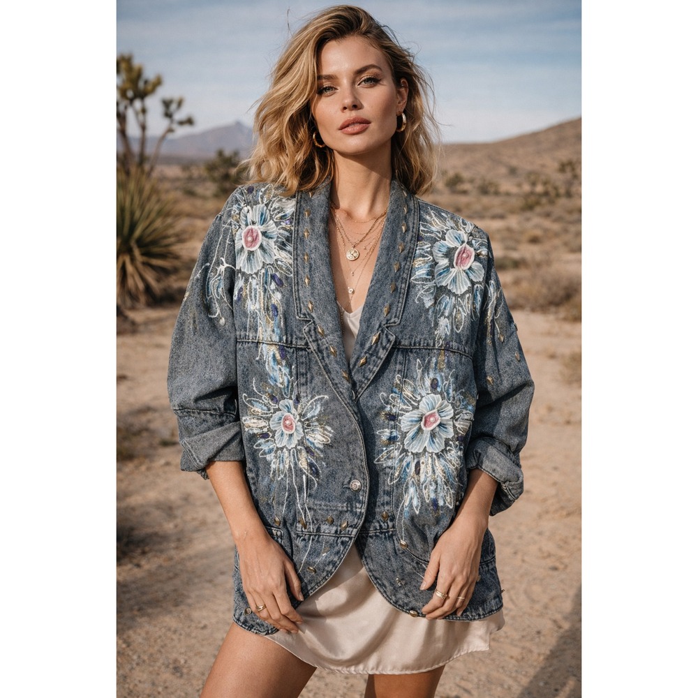 Vintage Acid Wash Embellished Denim Jacket Handâ Painted Floral Studded 80s Art